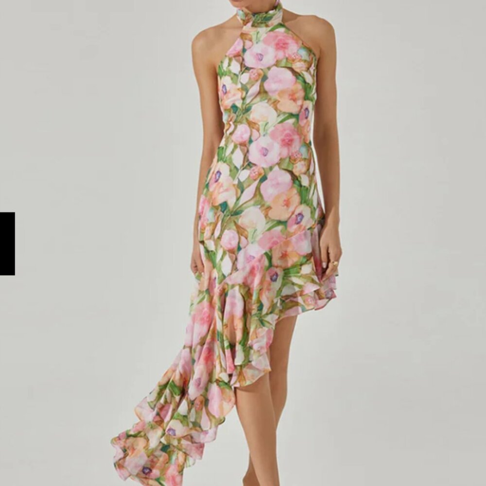 ASTR  Asymmetric Floral Halter Midi Dress - Small